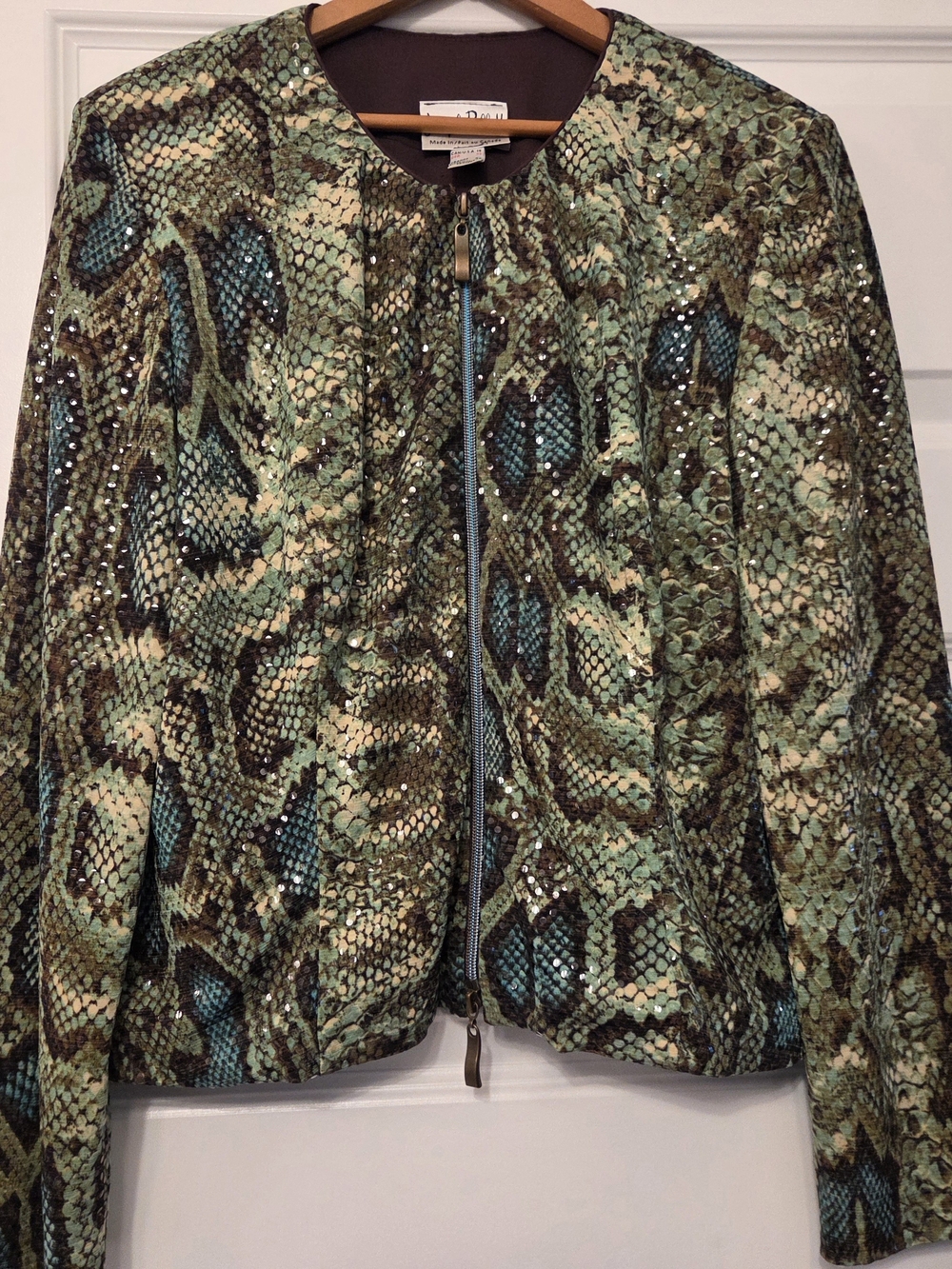Joseph Ribkoff Green Snake-Print Sequin Jacket